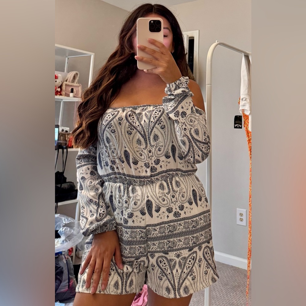 Misguided navy paisley long sleeve romper